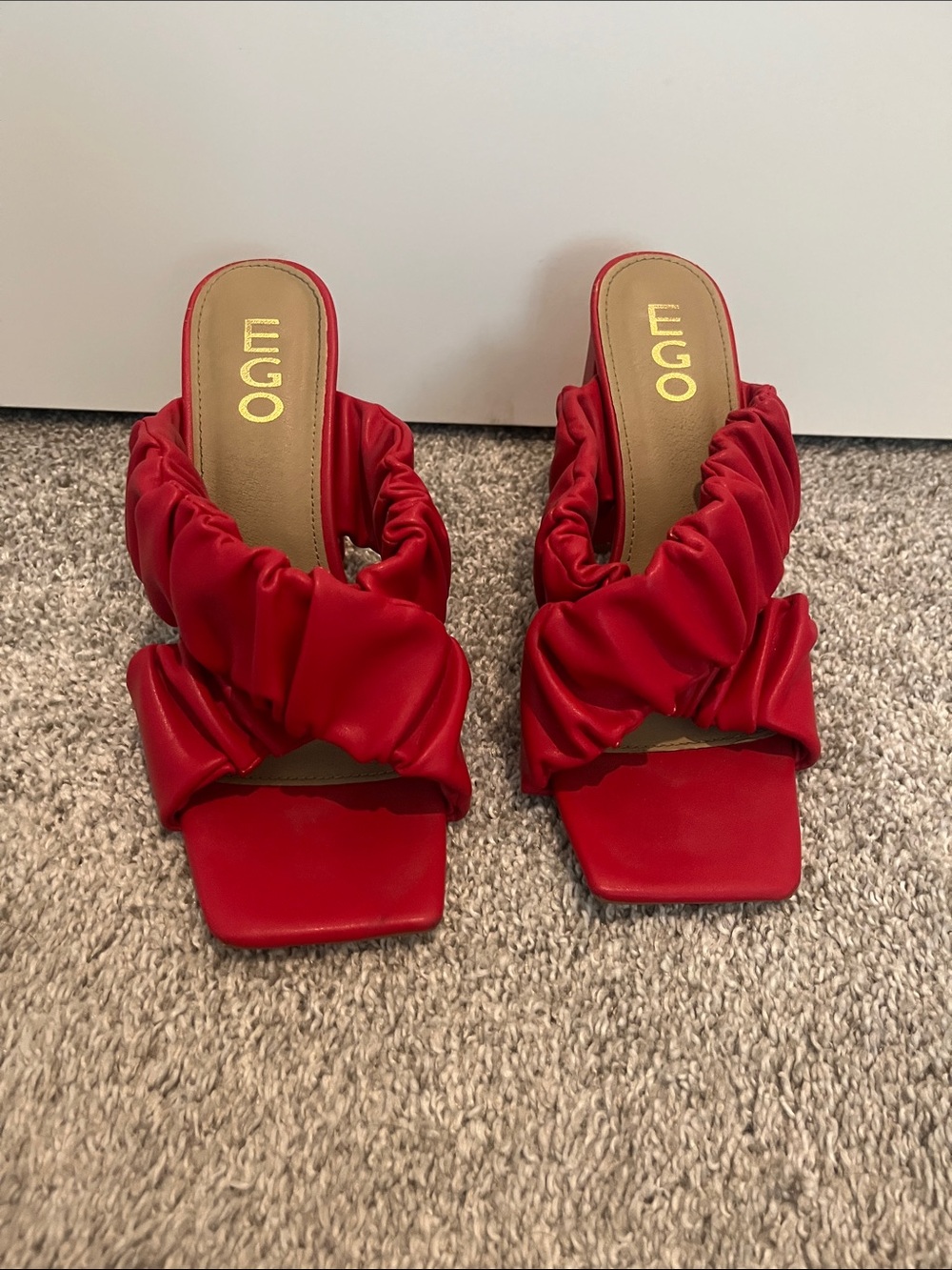 EGO Red Ruched Square-Toe Slide Mules